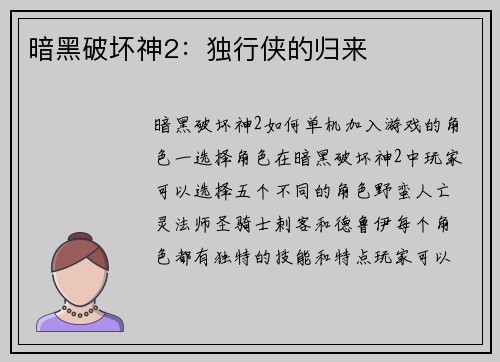 暗黑破坏神2：独行侠的归来